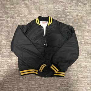 Black and Yellow Varsity Jacket coffee cup fuel stop logo on back